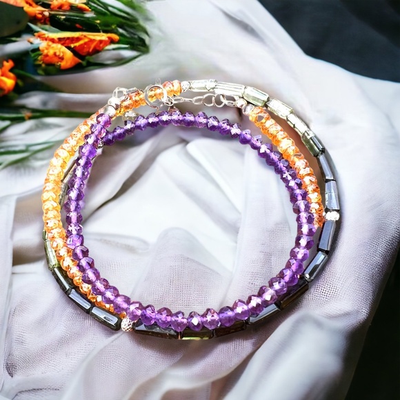 14K Gold Wrap Bracelet / Necklace – Amethyst, Green Tourmaline & Mandarin Garnet - Picture 1 of 8